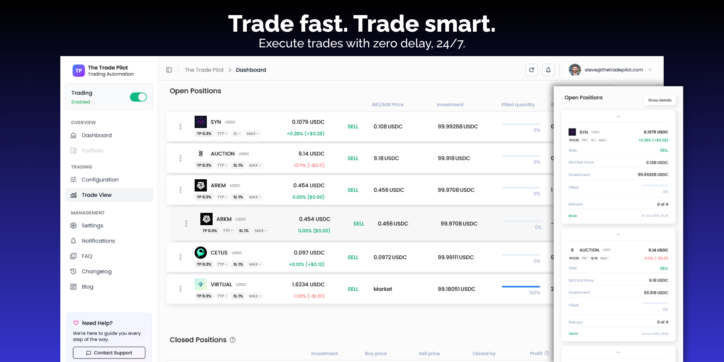 The Trade Pilot dashboard showing automated crypto trading bot interface with real-time charts, portfolio overview, and trading statistics