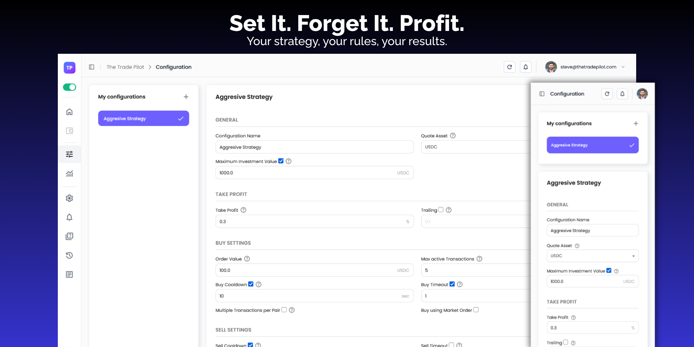 The Trade Pilot dashboard showing automated crypto trading bot interface with real-time charts, portfolio overview, and trading statistics